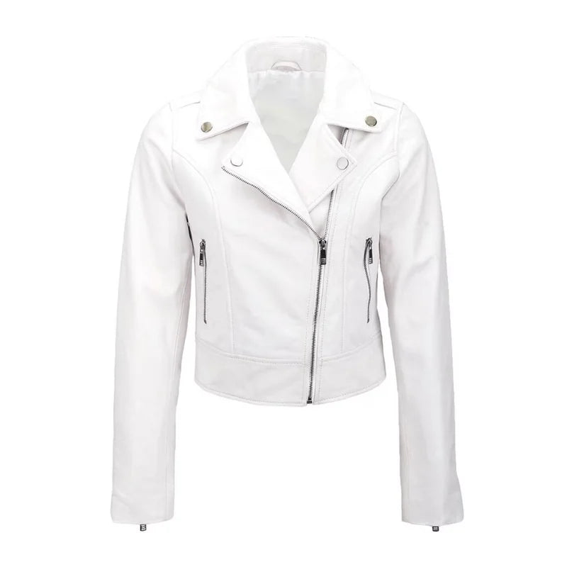 Women's Motorcycle White Leather Jacket Hoodie Zip-Up Jacket Button-Up Jacket