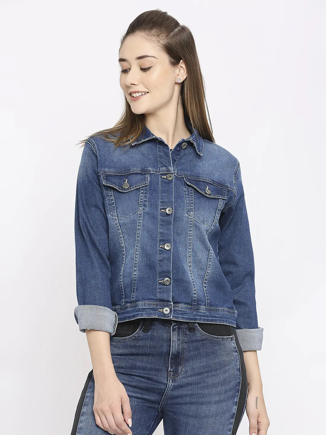 Spykar Women Dark Blue Lycra Regular Fit Denim Jacket Embroidered Jacket Appliqued Jacket Beaded Jacket