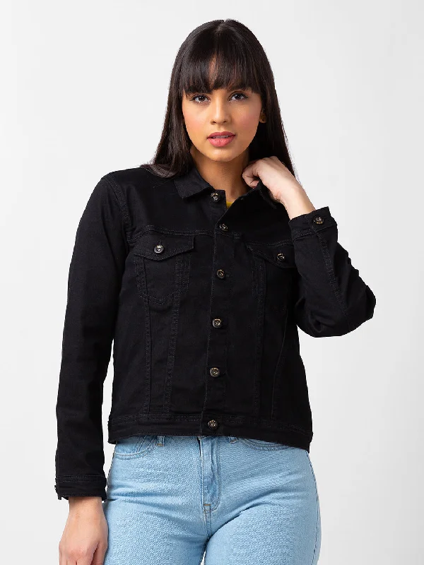 Spykar Women Black Lycra Regular Fit Full Sleeve Denim Jacket Wool Jacket Cashmere Jacket Tweed Jacket