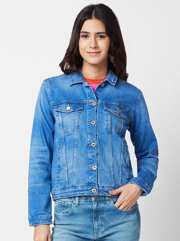Spykar Women Washed Cotton Denim Jacket A-Line Jacket Boat Neck Shawl Collar