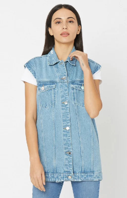 Spykar Women Light Blue Cotton Slim Fit Denim Jacket Zip Front Button Front Snap Front