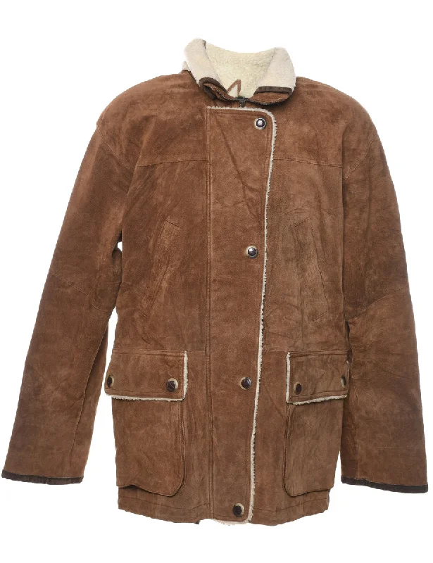 Zip Front Brown Shearling Lined Suede Jacket - M