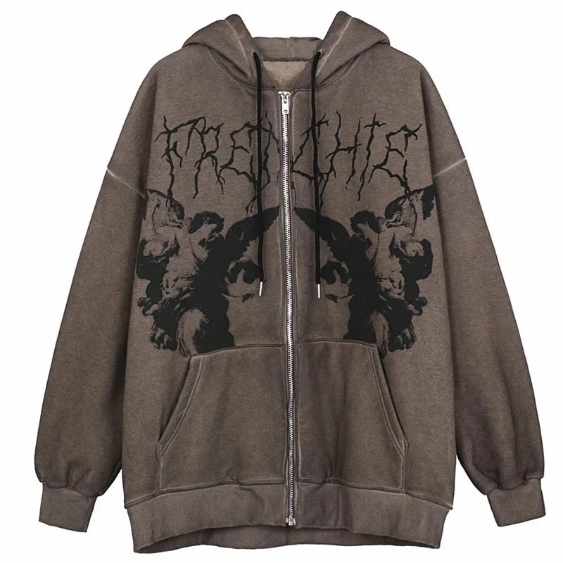 Women Hip Hop Streetwear Hoodies Autumn Winter Angel Print Jacket Coat Goth Harajuku Y2K Zipper Outwear Oversized Hoodies Hoodie with Ribbed Neckline Snug Warm