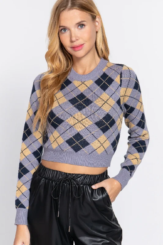 Argyle Jacquard Crop Sweater Terry Blend Velvet Blend Canvas Blend