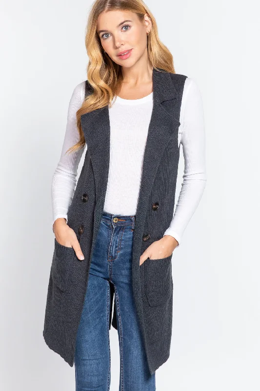 Sleeveless Long Sweater Vest Houndstooth Herringbone Solid