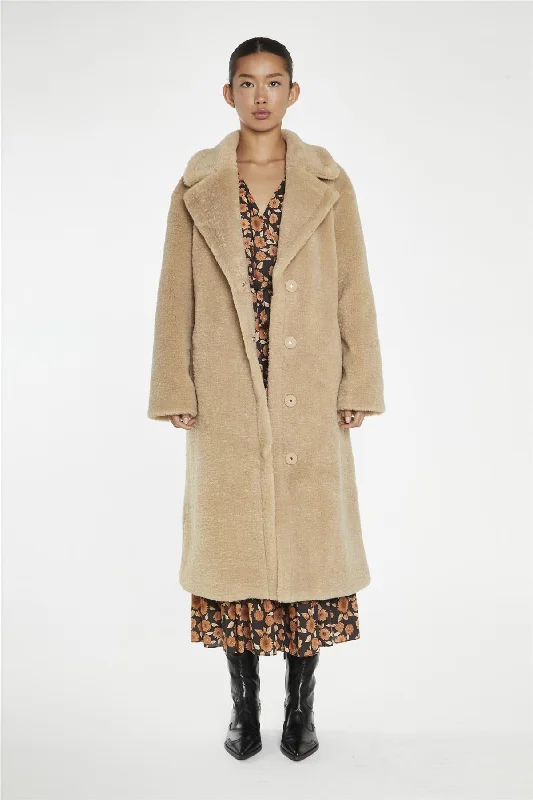 Beige Teddy-Fur Longline-Coat Stylish Bomber Jacket