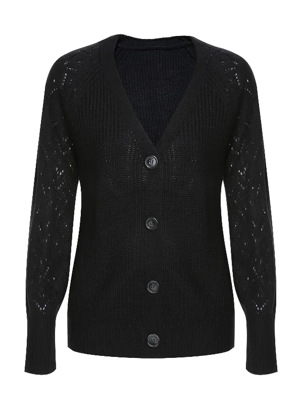 Black 1940s V-Neck Knitted Button Sweater Iron Safe Non-Iron Wrinkle Free