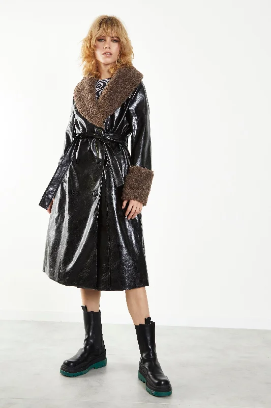 Black Belted Coat with Faux Fur Double-Breasted Trench