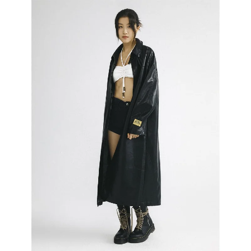 Black Leather Hooded Coat With Oversized Zipper Puff Sleeve Overcoat