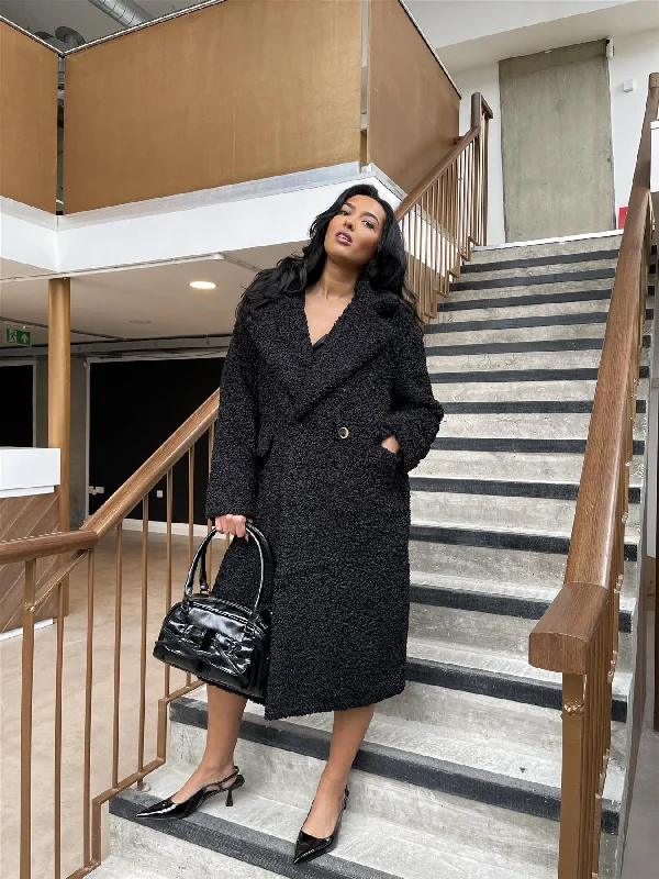 Black Teddy-Fur Longline-Coat Soft Flannel Shacket