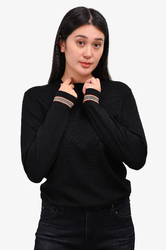 Burberry Black Crewneck Merino Wool Sweater Size M Lace Blend Ribbed Blend Corduroy Blend