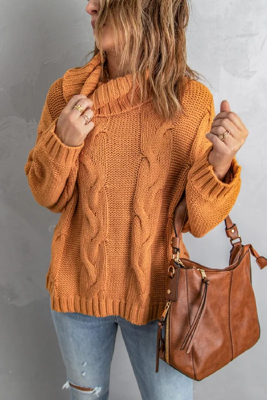 Cable Knit Cowl Neck Sweater - Relaxed Fit Wool Fabric Cashmere Fabric Tweed Fabric