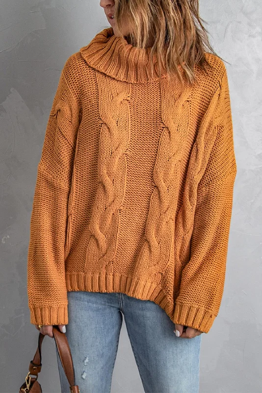 Cable Knit Turtleneck Sweater - Mustard Cotton Fabric Linen Fabric Terry Fabric