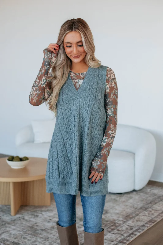 Casilee Sweater Vest - Dusty Blue Spandex Rayon Corduroy