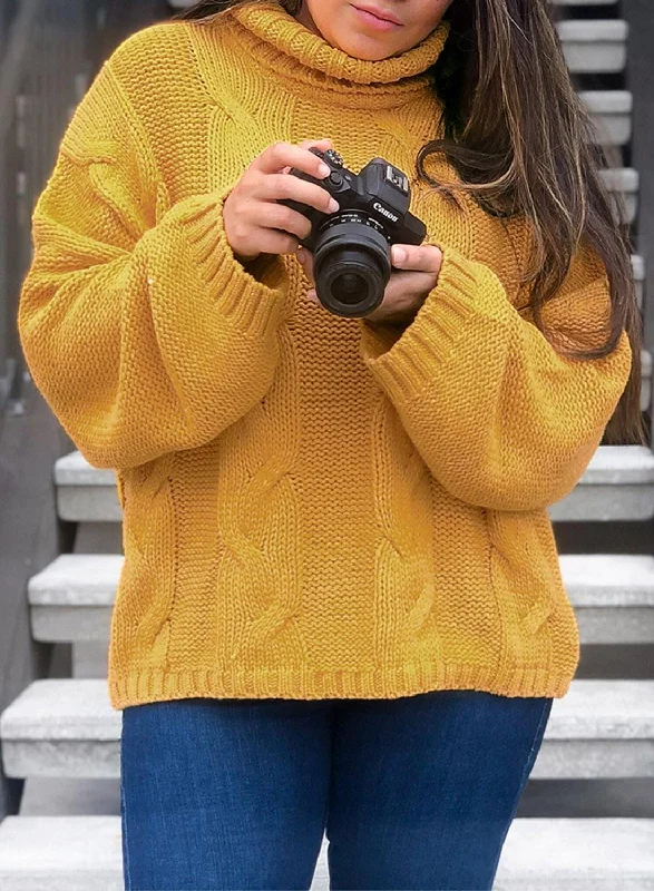 Chunky Knit Cable Sweater, Mustard Yellow Mesh Sweater Canvas Denim
