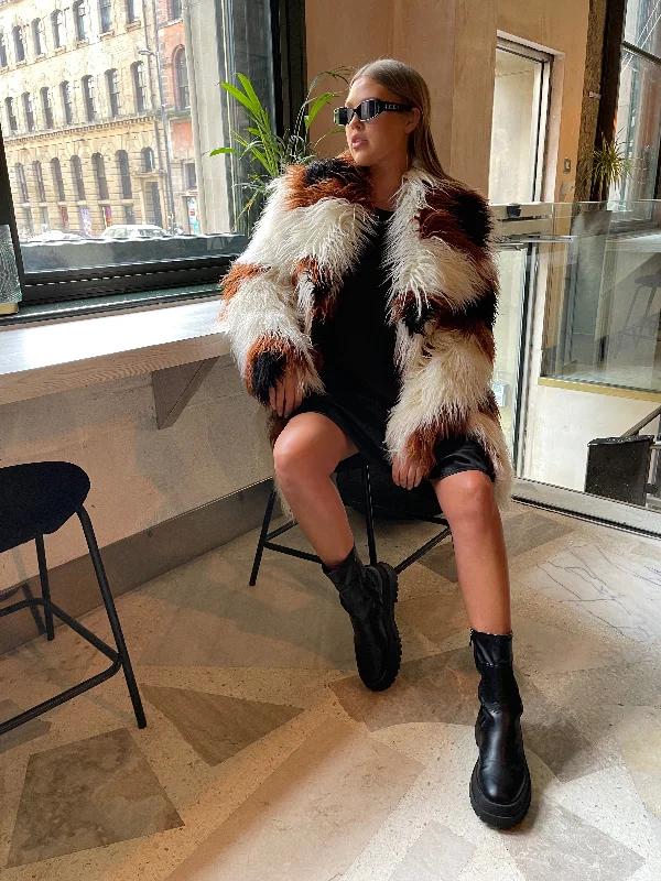Glamorous Curve Cream Brown Spot Faux Fur Coat Drape Front Waterfall Coat