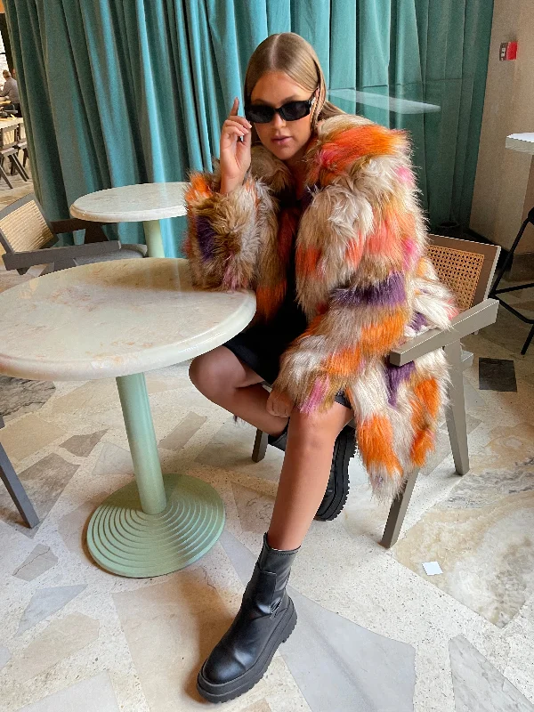 Glamorous Curve Orange /Combo Faux Fur Longline Coat Button-Up Cardigan Coat