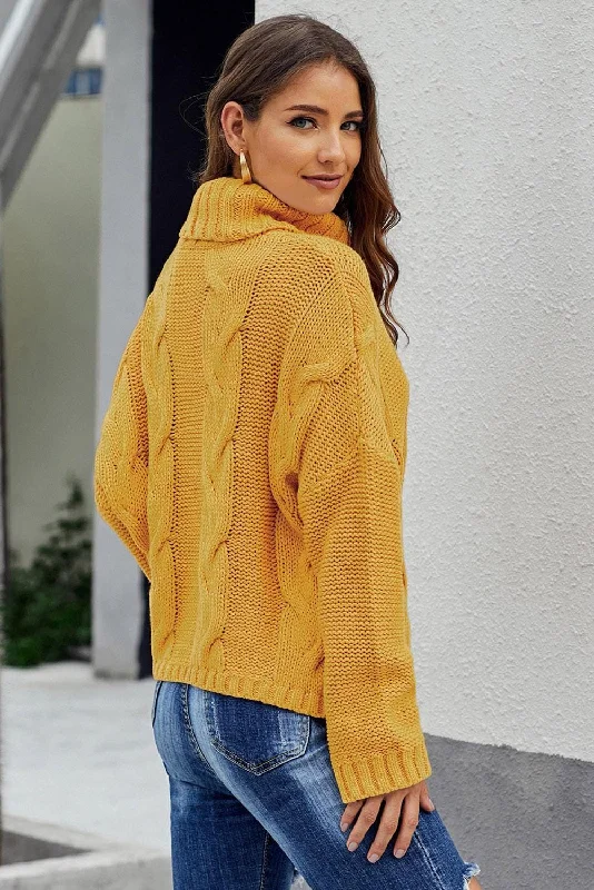 Cowl Neck Knit Sweater - Mustard Houndstooth Herringbone Solid