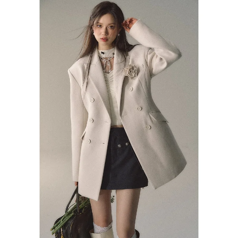 Cream Woolen Double-Breasted Coat A-Line Swing Coat