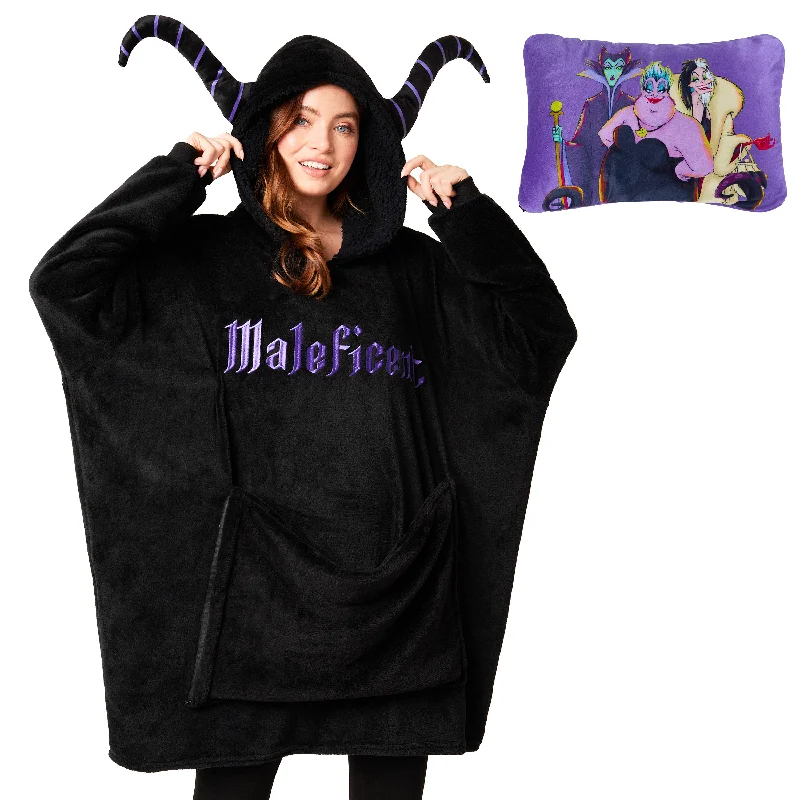 Disney Blanket Hoodie - Adults 2 in 1 Oversized Fleece Hoodie - Maleficent Hoodie with Drop Shoulder Relaxed Streetwear