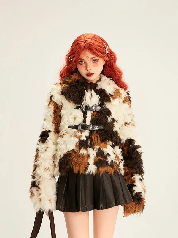 Eclectic Patchwork Faux Fur Coat Warm Hooded Poncho