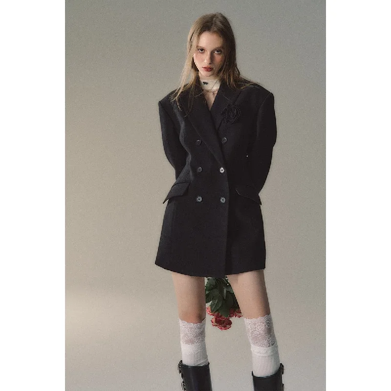 Elegant Black Wool Double-Breasted Coat Flowy Lightweight Kimono