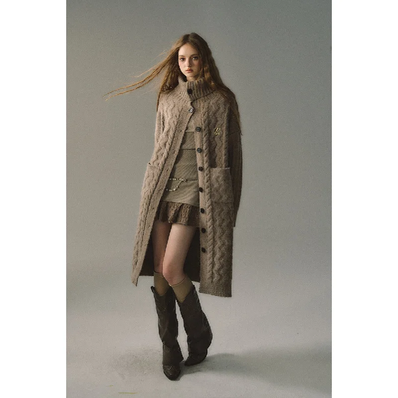 Elegant Knit Turtleneck Long Coat In Khaki Streetwear Bomber Jacket