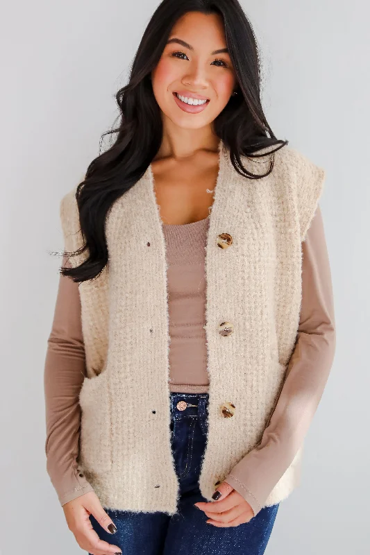 Elevated Comfort Oatmeal Fuzzy Knit Sweater Vest Spandex Rayon Corduroy