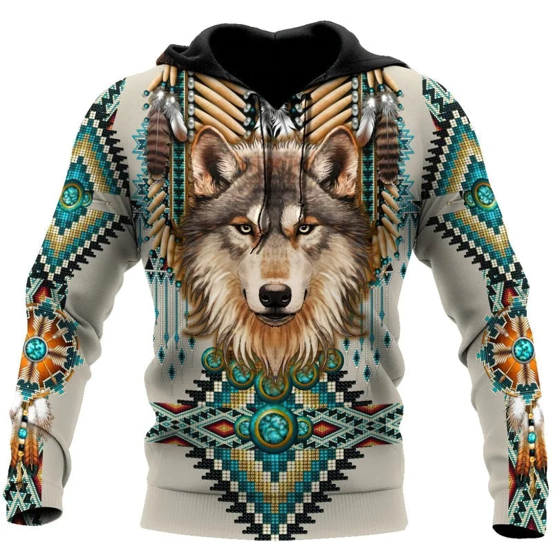 Fashion Hoodie with Wolf Native Spirit 3D Print / Cool Casual Top for Men and Women Hoodie with Drawcord Adjustable Secure