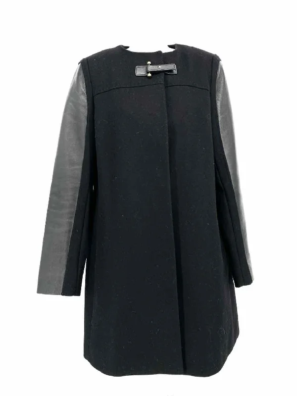 French Connection Women's Black Wool Leather Size 8 Coat Streetwear Bomber Jacket