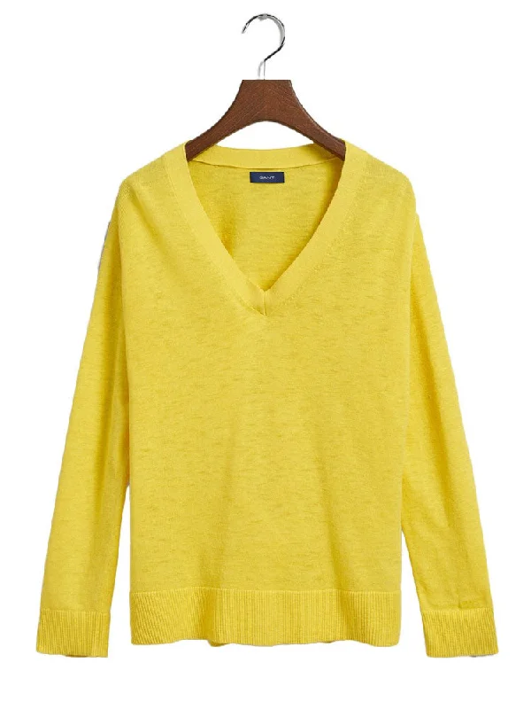 Linen Blend V-Neck Sweater - Canary Yellow Beaded Sweater Sequined Faux Fur