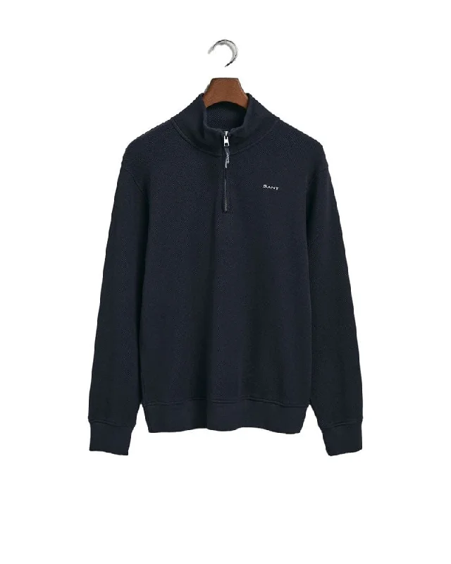 Waffle Texture Half Zip Sweater - Evening Blue Graphic Sweater Embroidered Appliqued