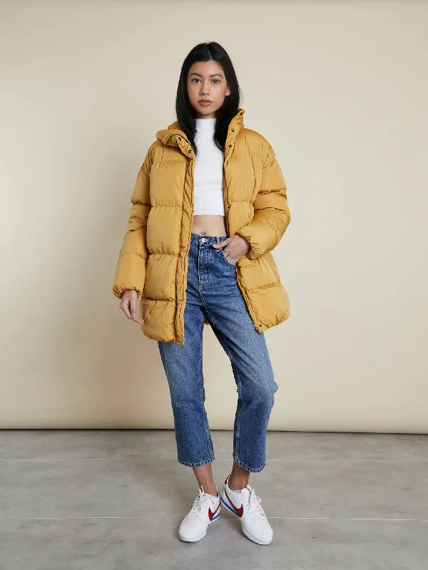 Glamorous Mustard Padded Longline Puffer Coat Fur-Trimmed Winter Coat