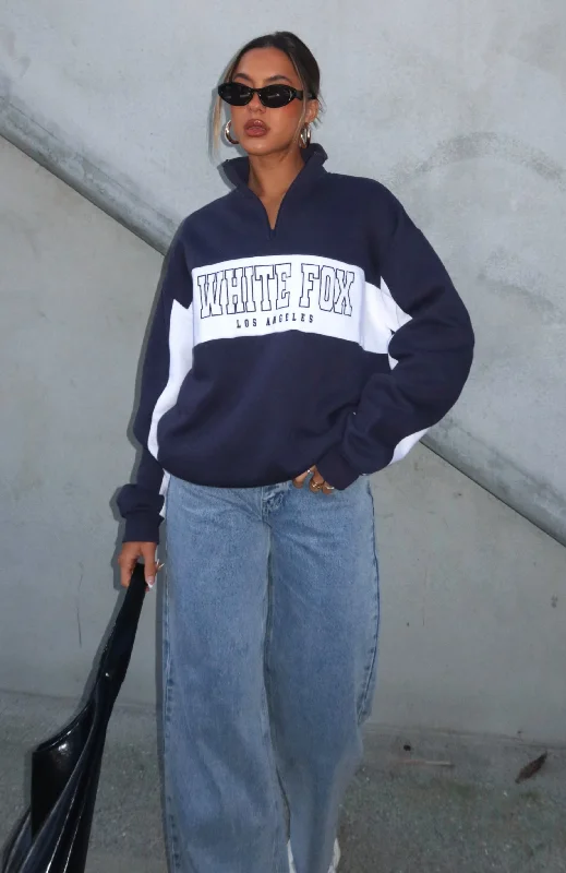 Jokes On You Zip Front Sweater Navy Embroidered Appliqued Beaded