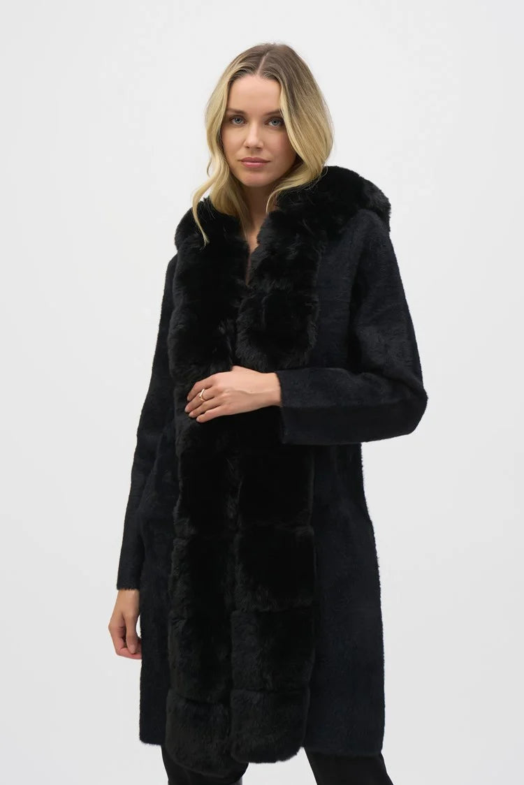 Joseph Ribkoff Black Sweater Knit and Faux Fur Hooded Coat Elegant Classic Vintage
