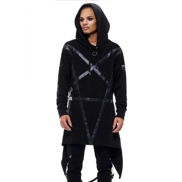 Morpheus Longline Hoodie | Black Oversized Hood Extra Long Length Men's Hoodie with Fur Luxurious Winter