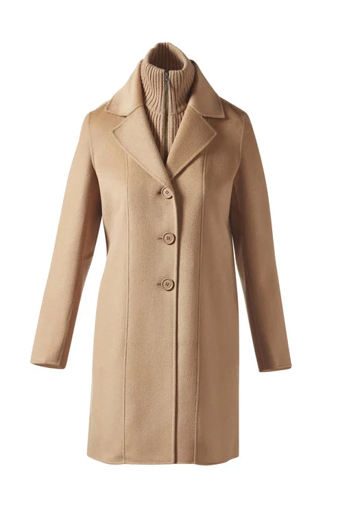 Kinross Knit Insert Notch Collar Coat Camel Fuzzy Sherpa Pullover