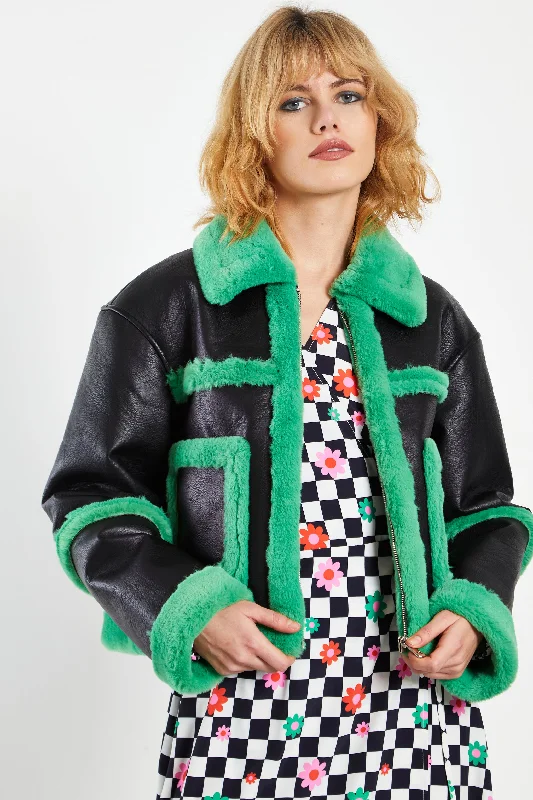 Glamorous Black Green Cropped Shearling Trim Coat Cropped Moto Jacket
