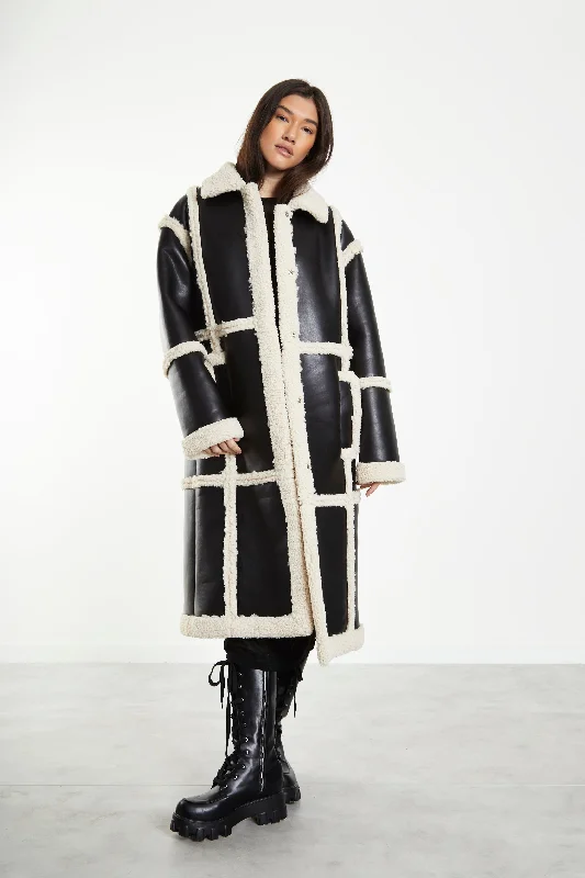 Glamorous Black Cream Long Shearling Seamed Coat with Collar Vintage Suede Jacket