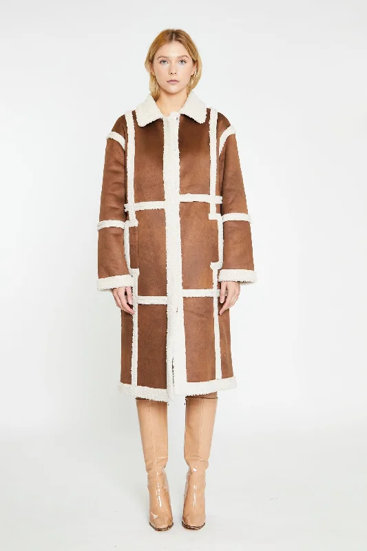 Tan-Cream Shearling Midi-Coat Quilted Puffer Jacket