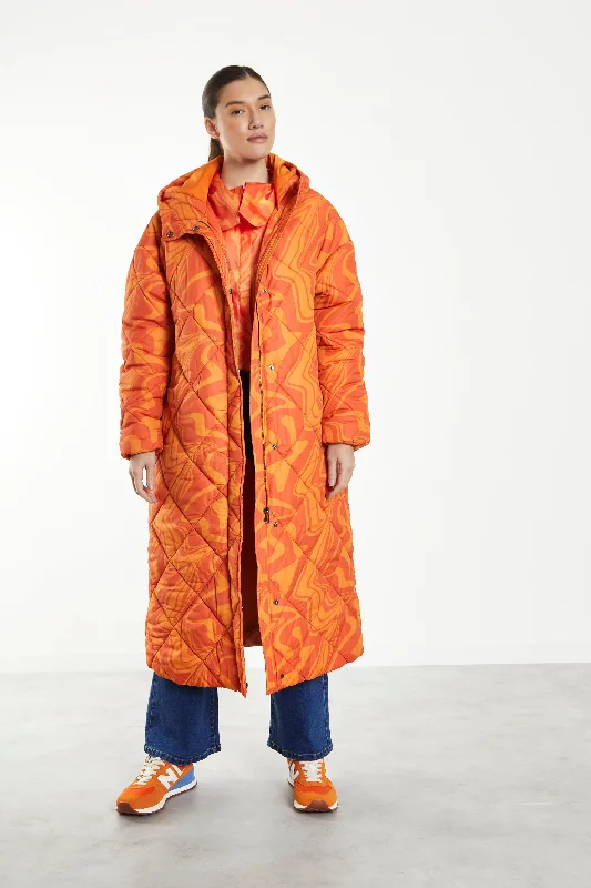Glamorous Orange Marble Quilted Longline Puffer Coat with Hood Velvet Evening Cape