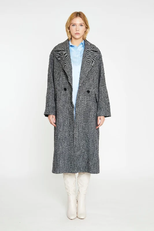 Charcoal-Chevron Oversized Double-Breasted Maxi-Coat Fitted Tailored Blazer