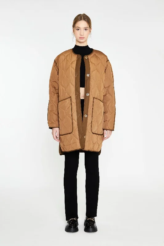 Brown Dark-Brown Quilted Coat Casual Denim Jacket