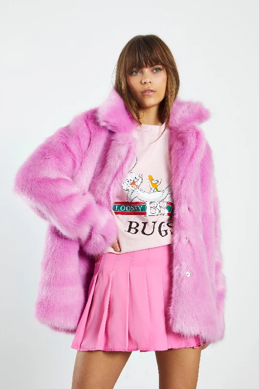 Glamorous Hot Pink Faux Fur Coat with Lapel Collar Puff Sleeve Blazer