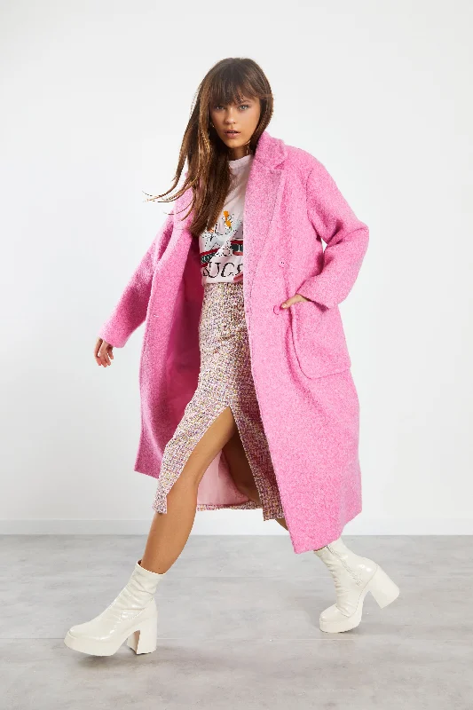 Glamorous Bright Pink Marl Midi Coat with Lapel Collar Stretchy Active Jacket