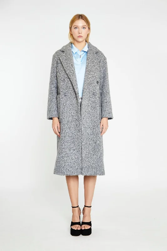 Grey Marl Lapel Collar Midi-Coat Longline Wool Coat