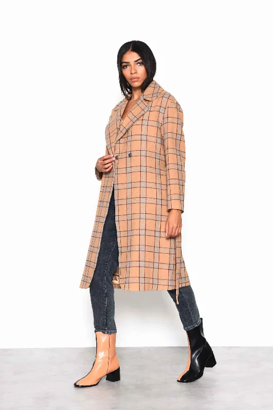 Glamorous Camel Multi Check Double Breasted Longline Coat with Waist belt Waterproof Rain Jacket