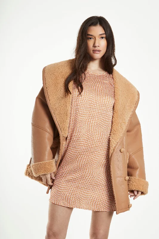 Glamorous Camel Faux Shearling Coat Soft Cashmere Wrap