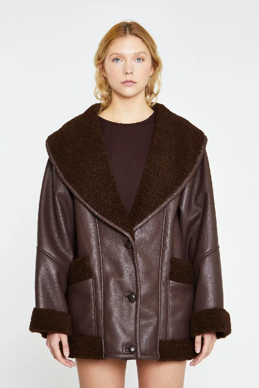 Rich-Brown Oversized Faux-Shearling -Coat Oversized Teddy Coat