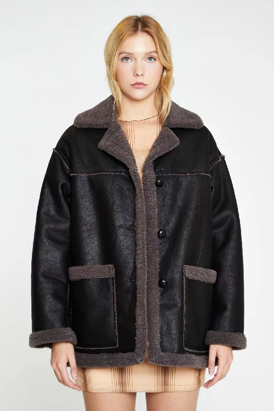 Black Dark-Grey Oversized Shearling Coat Sporty Zip-Up Jacket